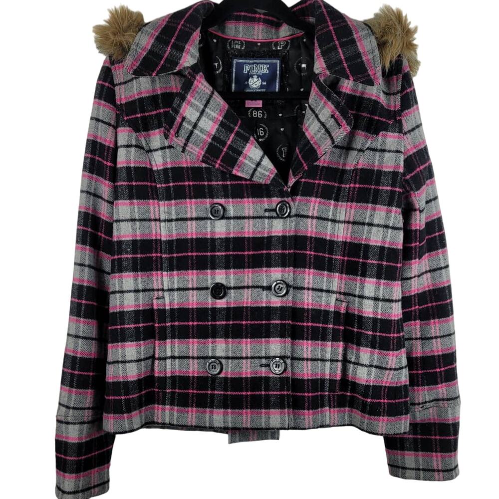 Victoria Secret Pink Vintage Tag Plaid Pink/Black/Gray Hooded Jacket M